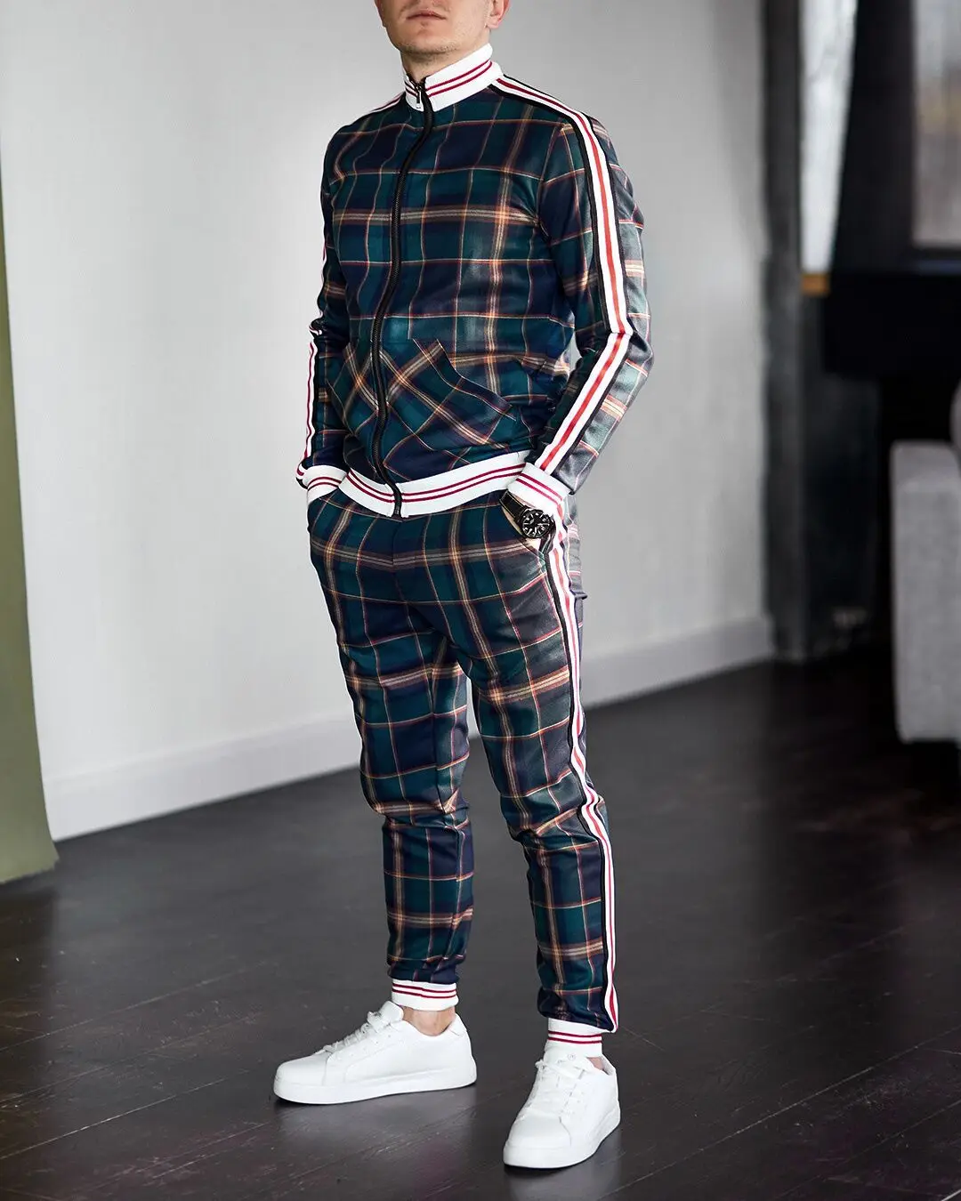 

2020 Men's Sets 3D Print Sets Man Tracksuits Men Grid Two-piece Patchwork Zipper Tracksuits Small Leg Trouser Sweat Suits Sets