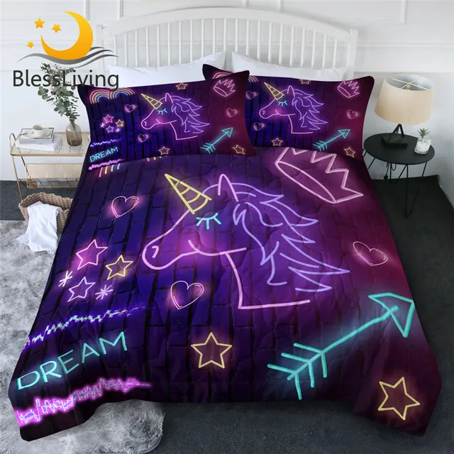 BlessLiving Purple Unicorn Kids Bedding Luminous Air-conditioning Comforter Colorful Rainbow Quilt Set Neon Light colcha verano 1