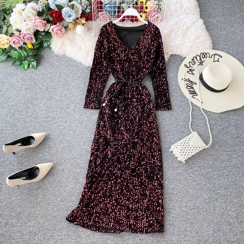 

Banquet Host Elegant V-neck Waist Lacing Dress Sexy Dress Women's Party Dress Long-sleeved Dress New Sequin Temperament