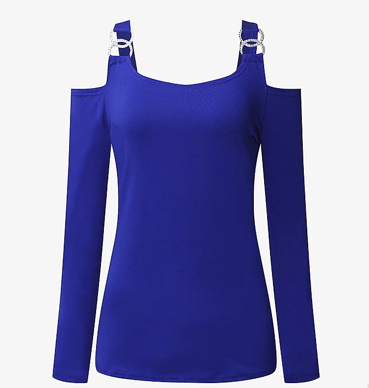 

Women Clothing Tops Autumn T-Shirts Fashion casual New Long Sleeve Double D Button Off Shoulder Sexy Ladies Long Top T-shirt