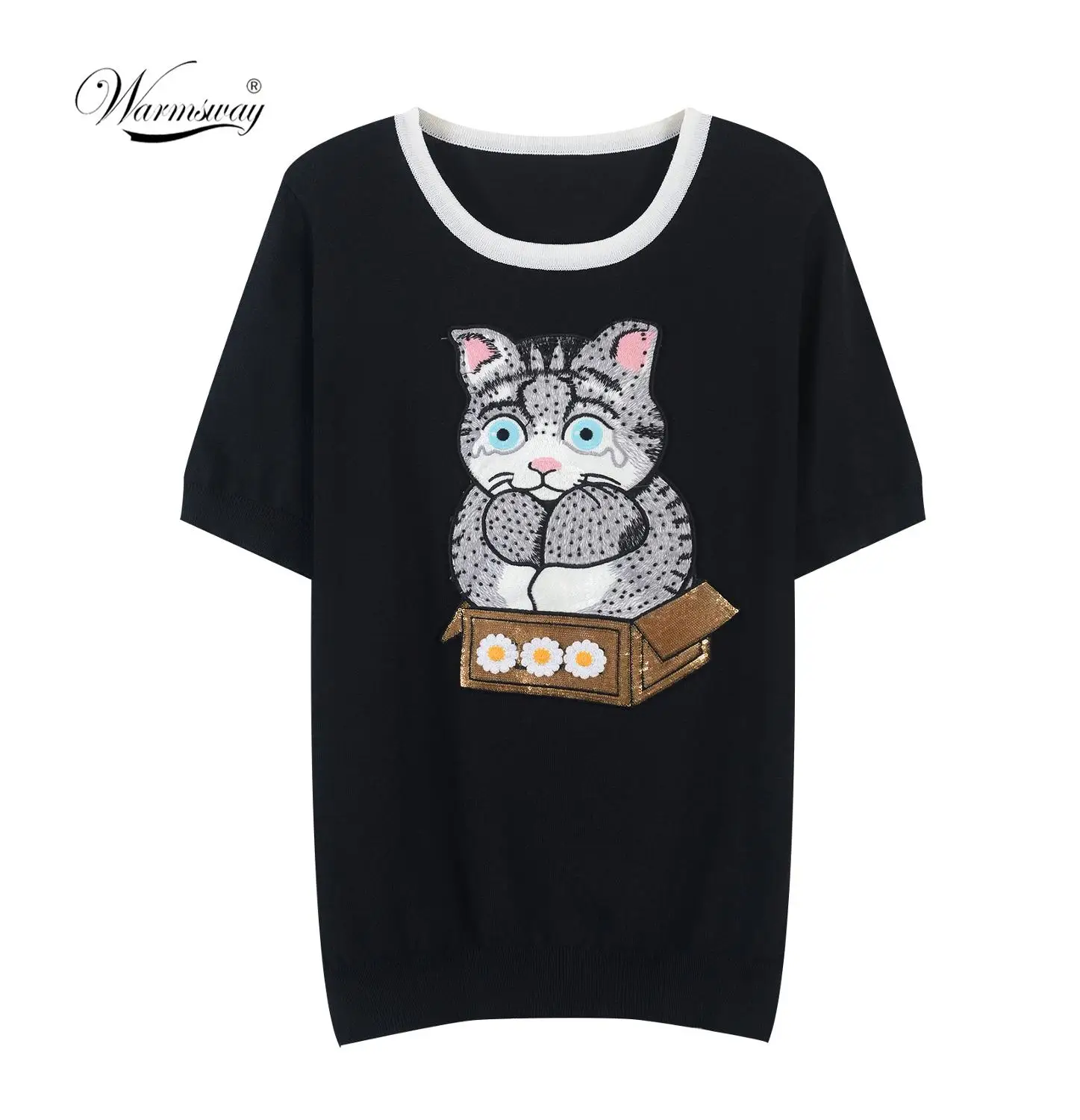 

2021 Summer New Arrival Chic Short Sleeve Cat Embroidery Bead Sequins Thin Knitting T-Shirts Harajuku Tops B-044