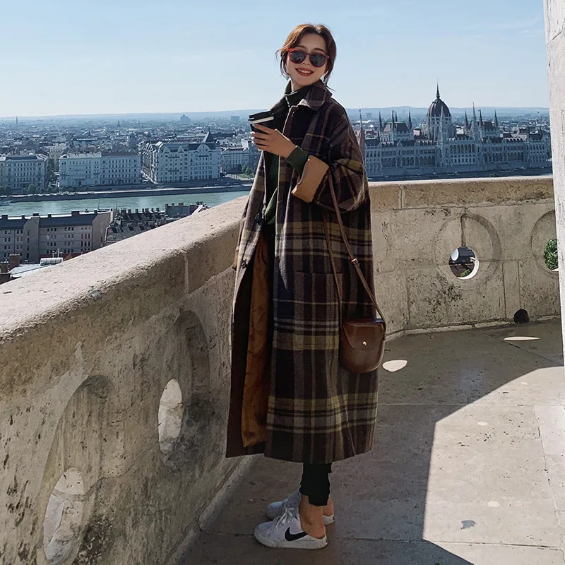 Шерстяное клетчатое пальто для фотосессии, женское, средней длины, зима, стиль, корейский стиль, модное, элегантное, свободное, Дафлкот, модное пальто
