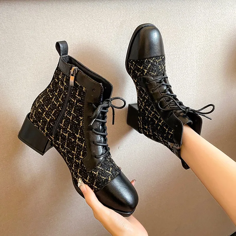 

Women's Short Boots Casual Boots Lace-up Low Heel Martin Boots 2021 Autumn and Winter Korean Style Lattice Fashion Ankle Boots