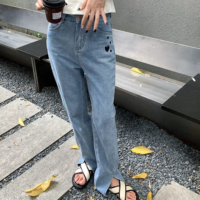 

2021 High Waist Love Print Straight Blue Jeans Women Loose Fashion Harajuku Street Denim Pants Retro Mopping Trousers Split Ends