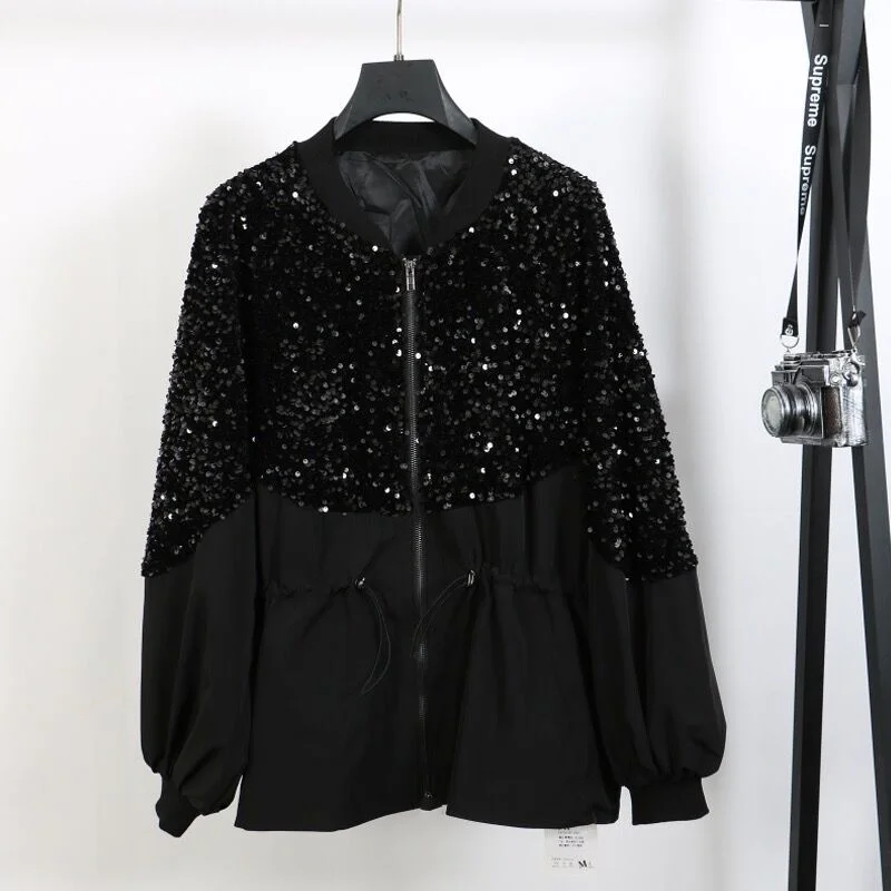 

Spring Autumn Kpop Vogue Women Long-sleeved High-street Sequin Patchwork Drawstring Coat Women's Coat Chaqueta Mujer Clothes