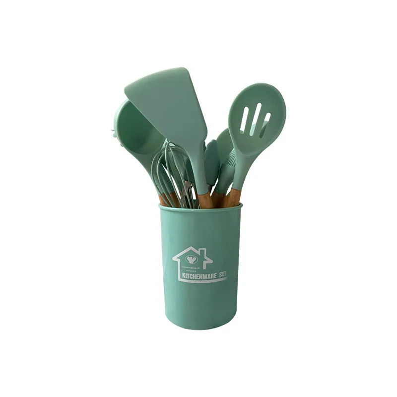 

Wooden handle silicone kitchenware 11-piece set storage barrel non-stick pot kitchen tools cooking shovel spoon set