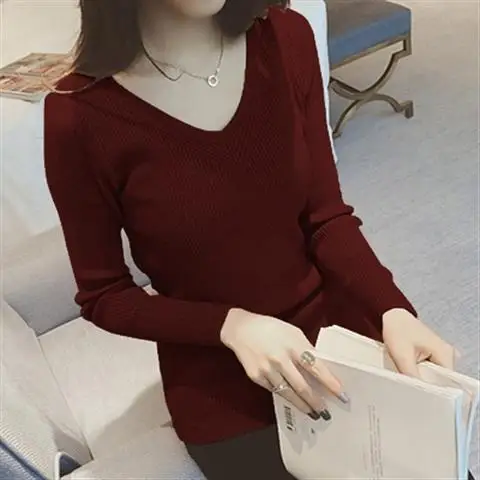 Core spun yarn 2020 autumn new women's wear V-neck with knitted bottoming shirt shows thin and slim long sleeve sweater top |