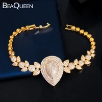 beaqueen luxury gold charming leaf water drop design micro pave cubic zircon dubai bangle bracelet women wedding jewelry b192
