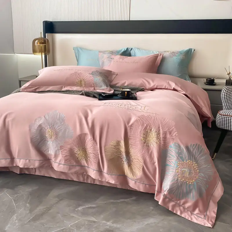 

Latest Flowers 100 Thread Count Long Staple Cotton 3D Embroidery Bedding Sets Bed Set Solid Color Duvet Cover Linen Bed Queen