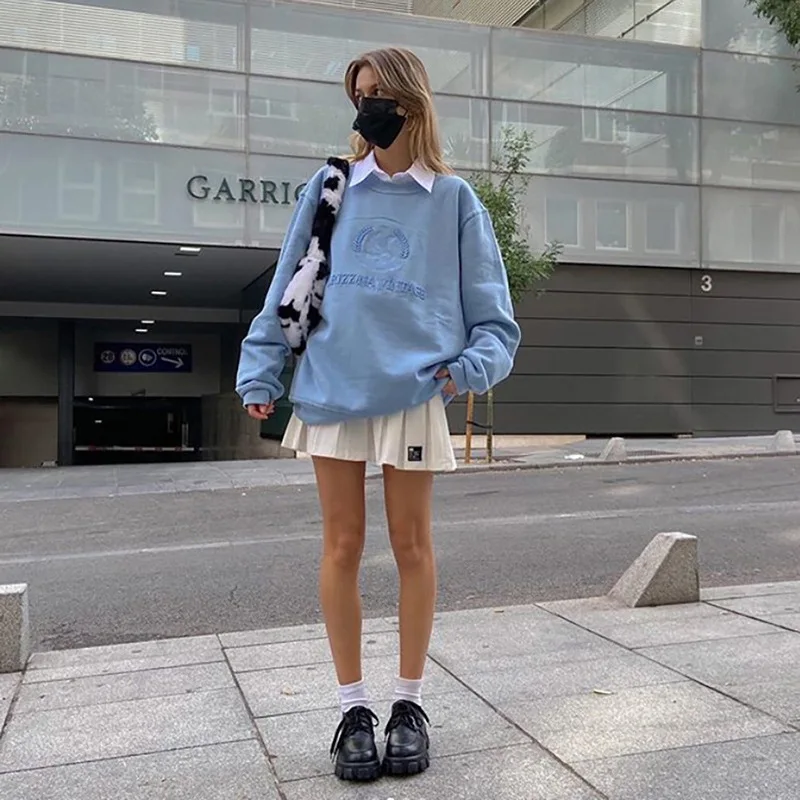 

Women Pullover Sweatshirt Streetwear Loose Was Slim Oversize Tops Female Letter Embroidery Solid Casual Hoodies Autumn 2020