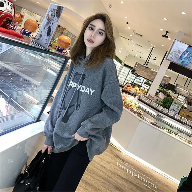 

Loose Girls New Female Solid Special Cute Bear Japan Sweatshirt Spring Long Sleeve Lady Hoodie Girl Gray Hoodie Streetwear Tops