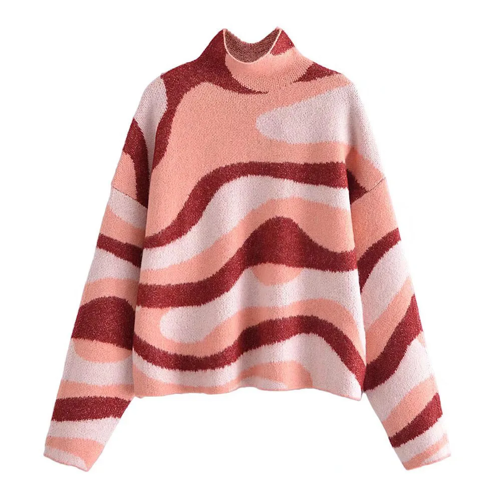 

DiYiG WOMAN women's 2021 new fashion casual jacquard sweater retro loose stand-up collar long-sleeved pullover chic top Mujer