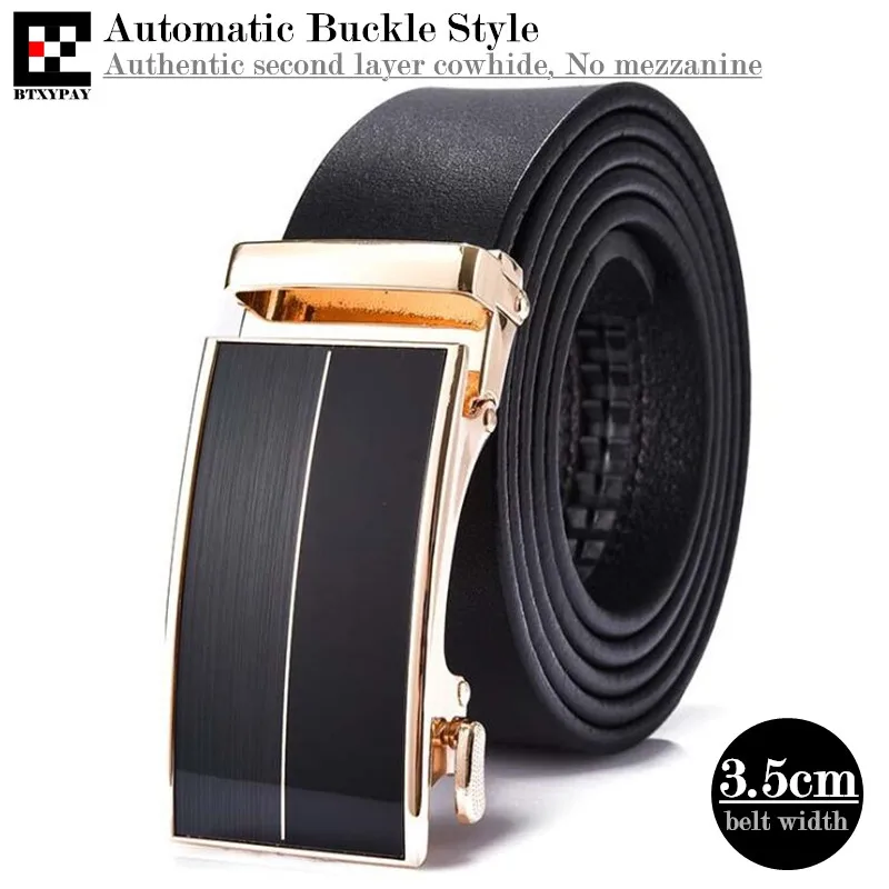 Authentic 3.5cm Width Men Genuine Leather Belts,Second Layer Cowhide Automatic Buckle Waistband,with Belt Buckle L:110-120cm