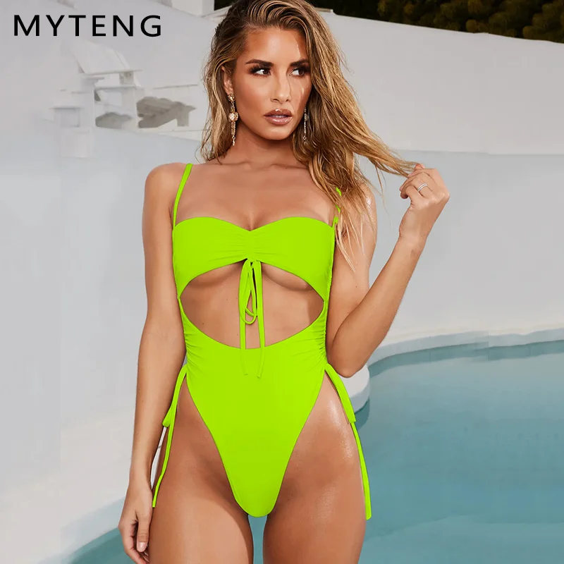 Женский слитный купальник бикини неоново Зеленый сексуальный бандажный