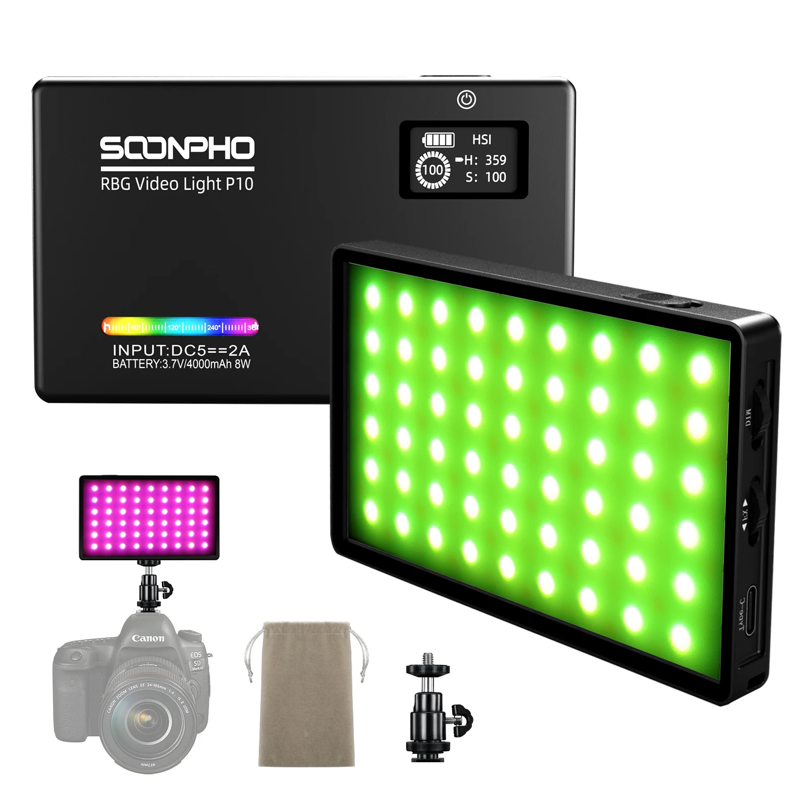 

SOONPHO P10 цветная (RGB) Светодиодная лампа для видеосъемки светильник CRI96 + полный Цвет 12 светильник влияние 2500K-8500 1-100% плавная тусклая для Камера ...