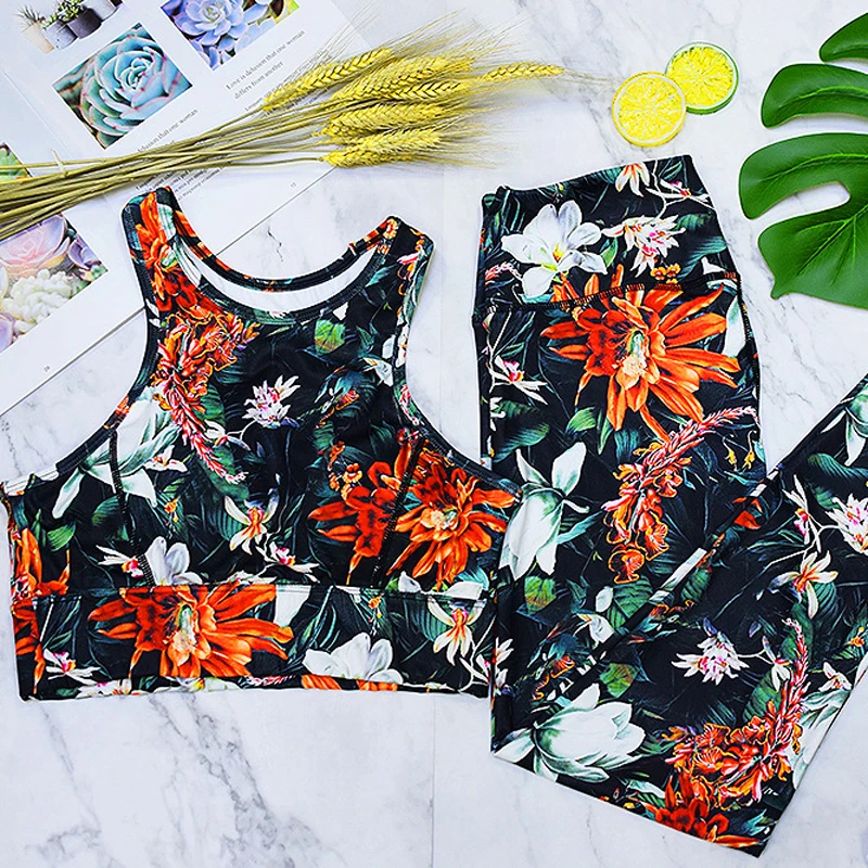 

Female Yoga Set Fitness Set Workout Women Sport Suit Floral Ensemble Flower Sportswear Sexy Gym Wear Running Clothing Tracksuit