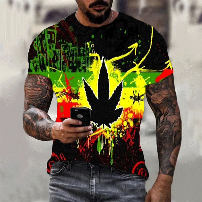 

All new 2021 summer 3d printed leaf weed short-sleeved T-shirt tops fashion casual street men's and women's wear