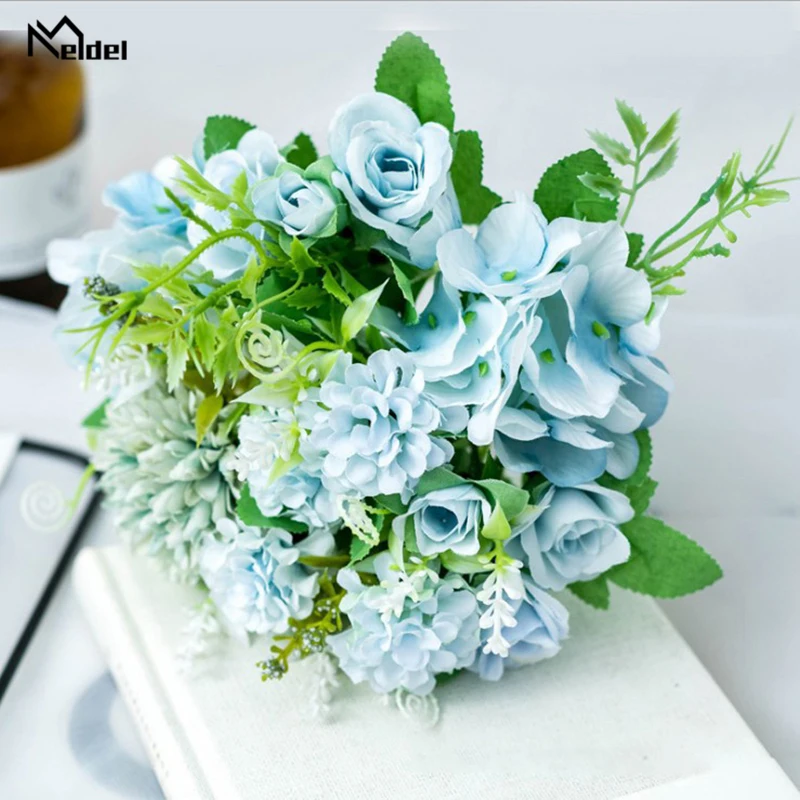 Meldel Fake Flower Bouquet 7 Heads Hydrangea Flowers Artificial Silk Blooming Rose Peony Pompon Bride Wedding Decoration | Свадьбы и