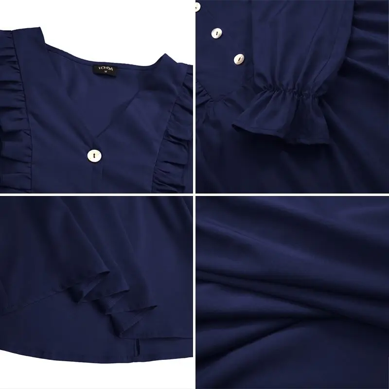 

VONDA 2021 Women Blouse Spring Casual Solid Long Sleeve Sexy V Neck Pleated Flare Sleeve Tops Bohemian Party Blusas