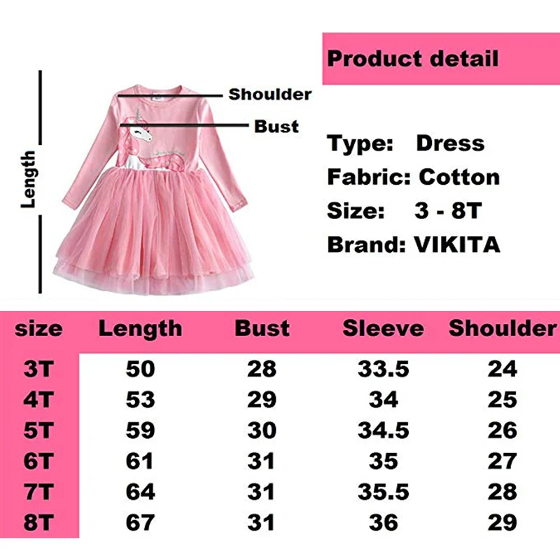 VIKITA Girls Dress Long Sleeve Kids Princess Dresses Children Unicorn Vestidos Girls Dresses Autumn Winter Kids Dress for Girl
