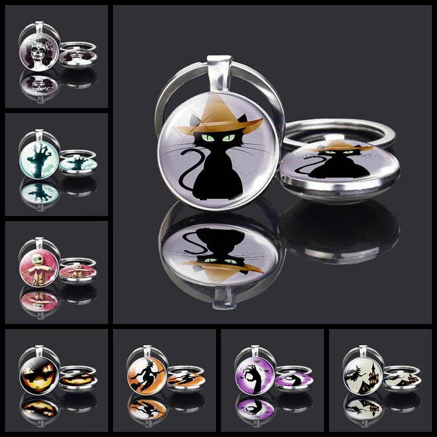 

Vintage Halloween Statement Keychain Double Sides Glass Cabochon Keychains Keyrings Silver Color Keyring Women Men Party Gifts