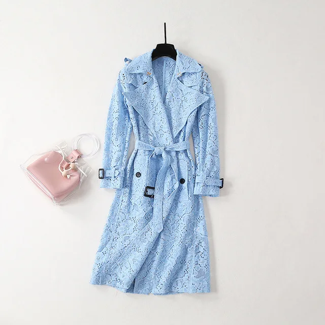 

2020 New Fashion Women's Casual Coat High Quality Lace Hollow Out Long Trench Spring Autumn Ladies Outerwear Female