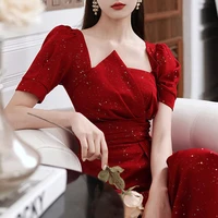 french vintage summer womens dress 2021 one piece dress korean short sleeve elegant solid dress females evening party design
