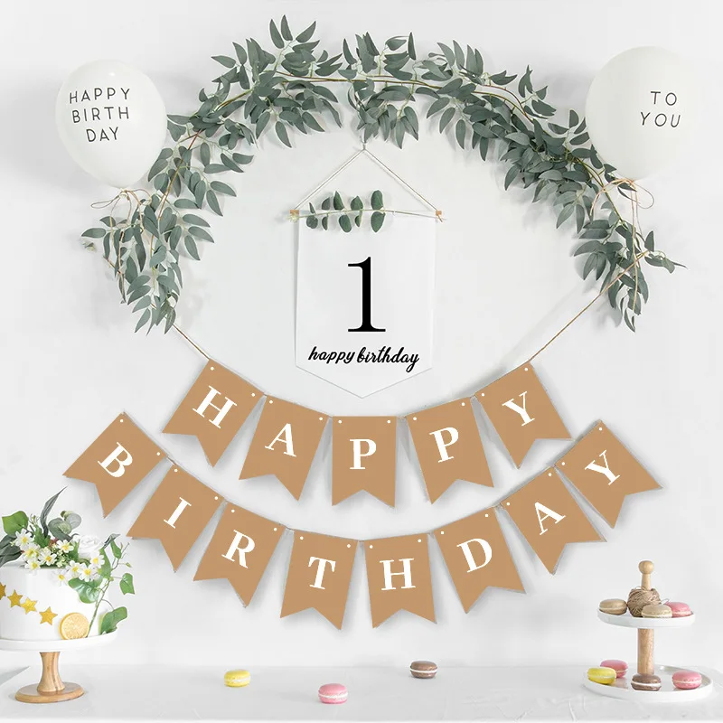 

Happy Birthday Decoration Kraft Paper Banner White Balloon Decoration Birthday Party Bunting Garland Baby Shower Supplies