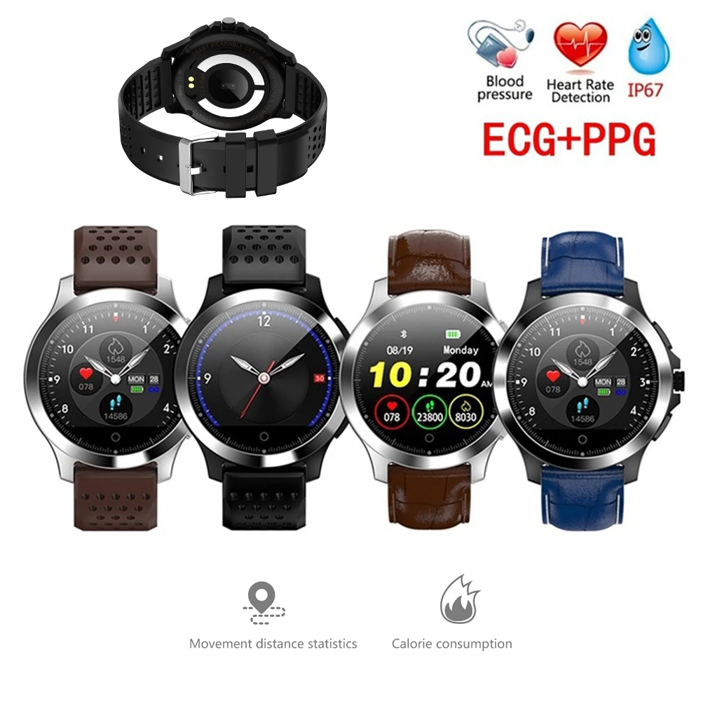 

W8 Смарт-часы ЭКГ + PPG сердечного ритма трекер Смарт наручные часы для занятий спортом IP67 Водонепроницаемый Кожаный Браслет Smartwatch человек