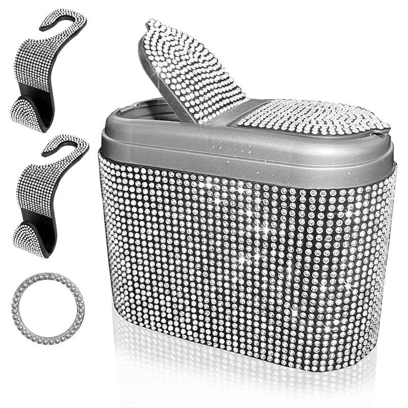 

Bling Crystal Car Trash Can,Portable Hanging Car Garbage Can,Multifunctional Car Organizer,Double cover Wastebasket Bin