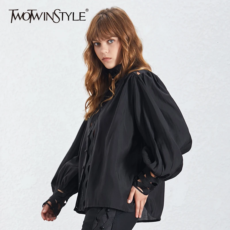 TWOTWINSTYLE, женские рубашки, блузки со стоячим воротником, фонариком, длинным рукавом, с вырезом, с жилетом, топы для женщин,, Весенняя сексуальная мода