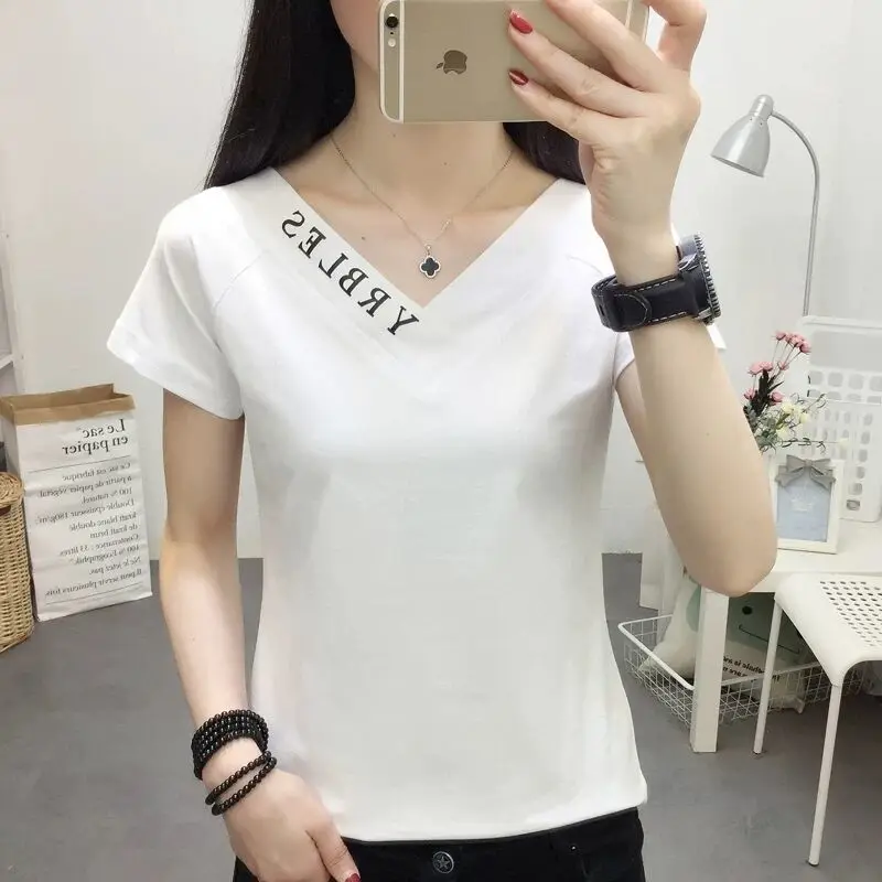 

V-neck T-shirt Women Summer Korean T Shirt Women Fashion Casual Tops Woman