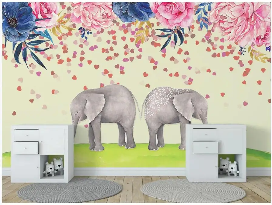 

Custom photo 3d wallpaper Hand painted elephant floral love living room home decor 3d wall murals wallpaper for walls 3 d