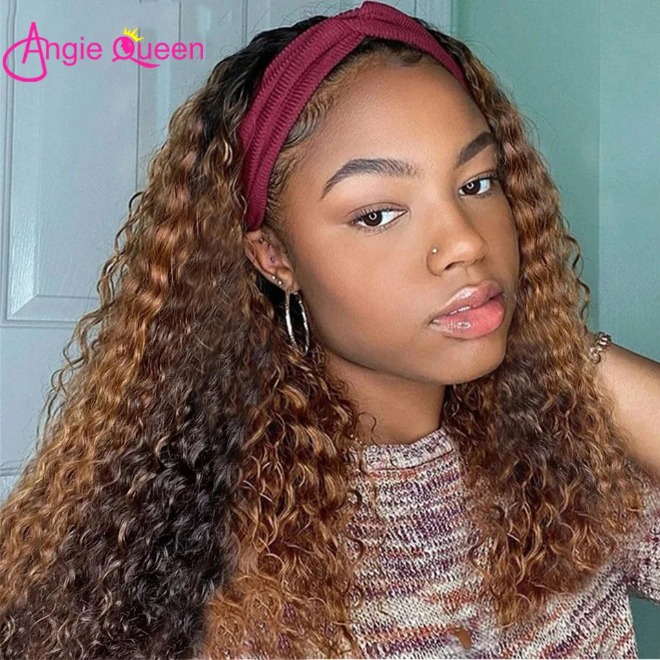 Curly Human Hair Wig Remy Brazilian Headband Wig Human Hair Wigs P4/27 Highlight Hair Ombre Honey Blonde Full Machine Made Wig