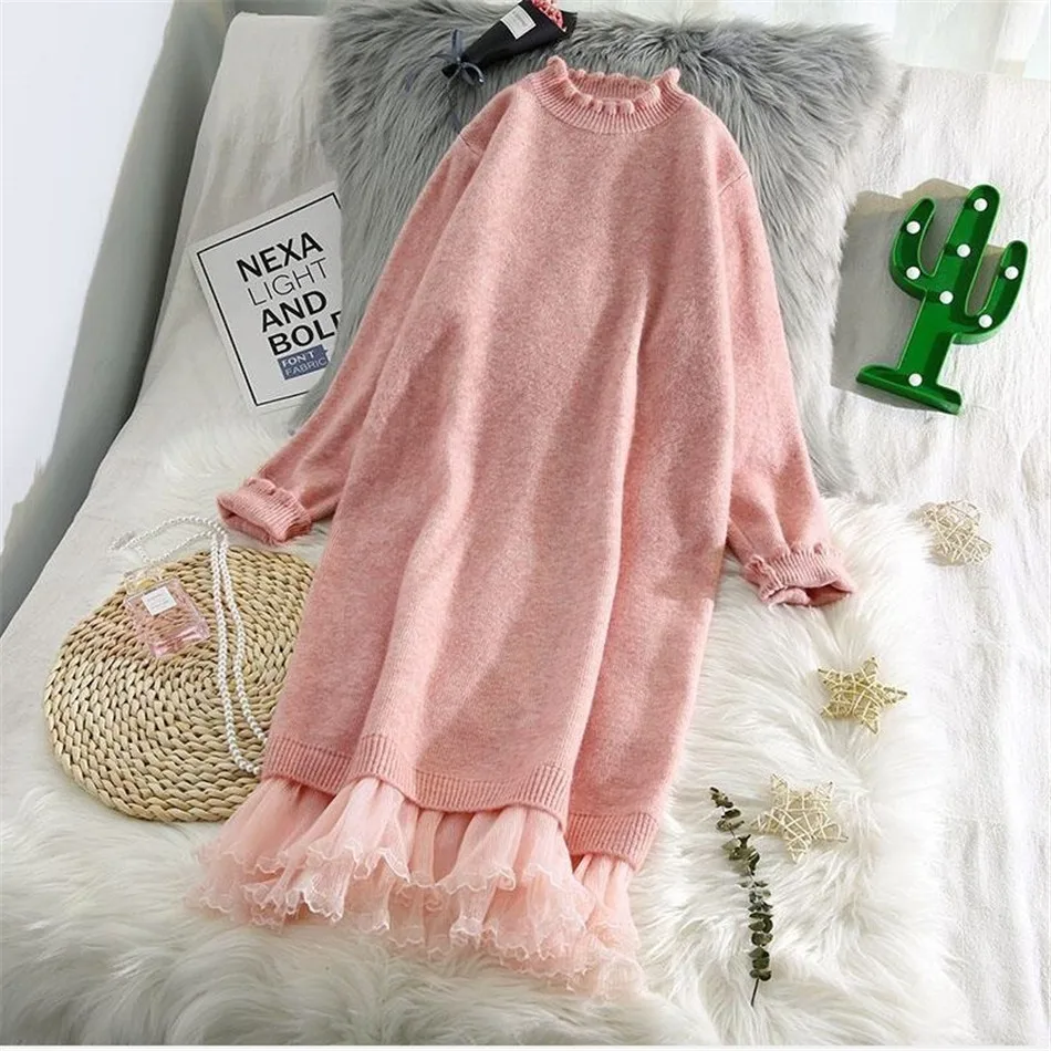 

Autumn Winter Women Sweater Elegant Lace Splice O-Neck Knitted Tops Casual Mid Length Soft Warm Pullovers Female Dress TT1145