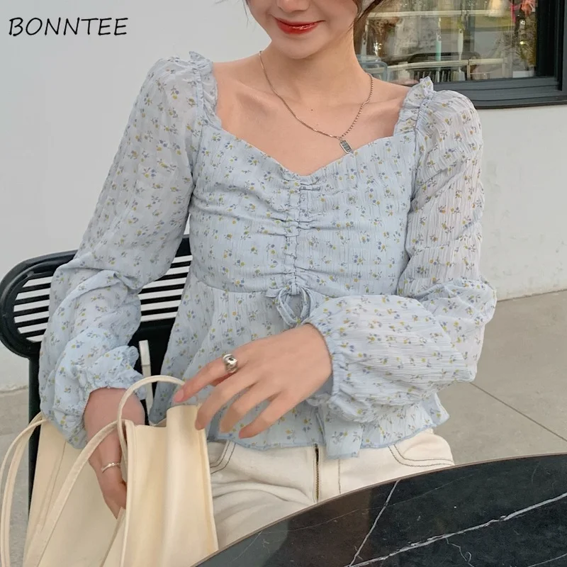

Blouses Women Retro Shirring College Crop Top Chiffon New Spring Ladies Elegant Soft Sweet Holiday Chic Puff Sleeve Ulzzang Ins