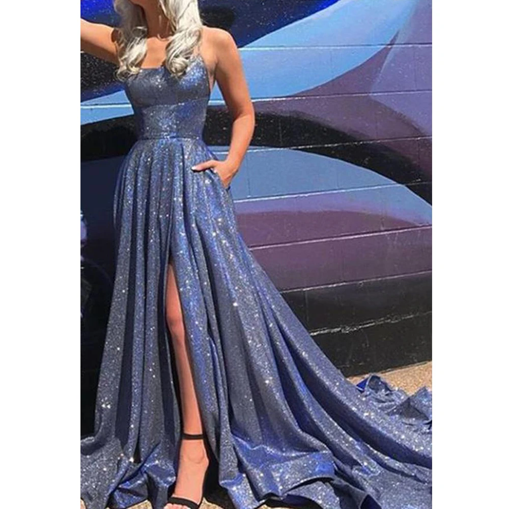 

Sparkly A-Line Evening Dress Long Luxury 2021 Blue Spaghetti Straps Sequin Split Backless Prom Gown with Pockets robes de soirée