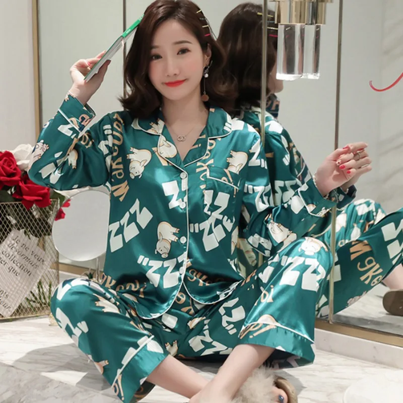2020 Summer Autumn Long Sleeve Silk Satin Print Pajamas Sets For Women Sleepwear Suit Pyjamas Homewear Pijama Mujer Home Clothes | Женская
