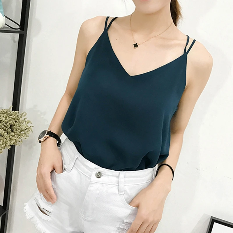 Майка женская шифоновая с V-образным вырезом пикантный топ на бретелях-спагетти