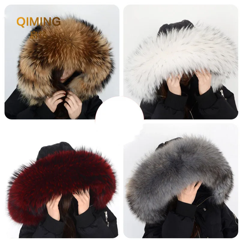 Winter Coat Female Neck Cap Long Warm Genuine Fur Scarf Big Size Neck scarf Fur Collar Real Raccoon Fur Women Scarves L44