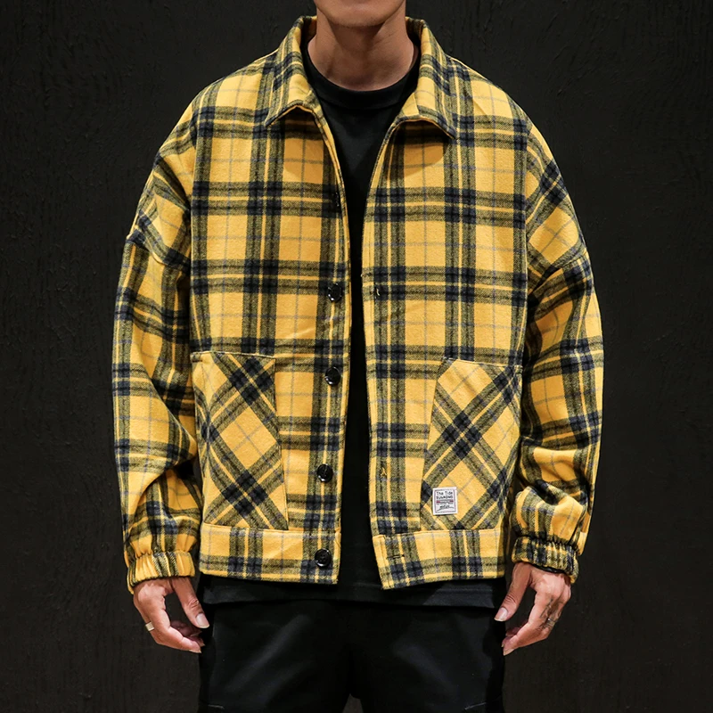 Yellow(AsianSize) Privethinker Осенняя мужская желтая черная клетчатая куртка Зимняя шерстяная Верхняя одежда Японская уличная одежда мужская повседневная приталенная куртка - Цвет: Yellow(AsianSize)