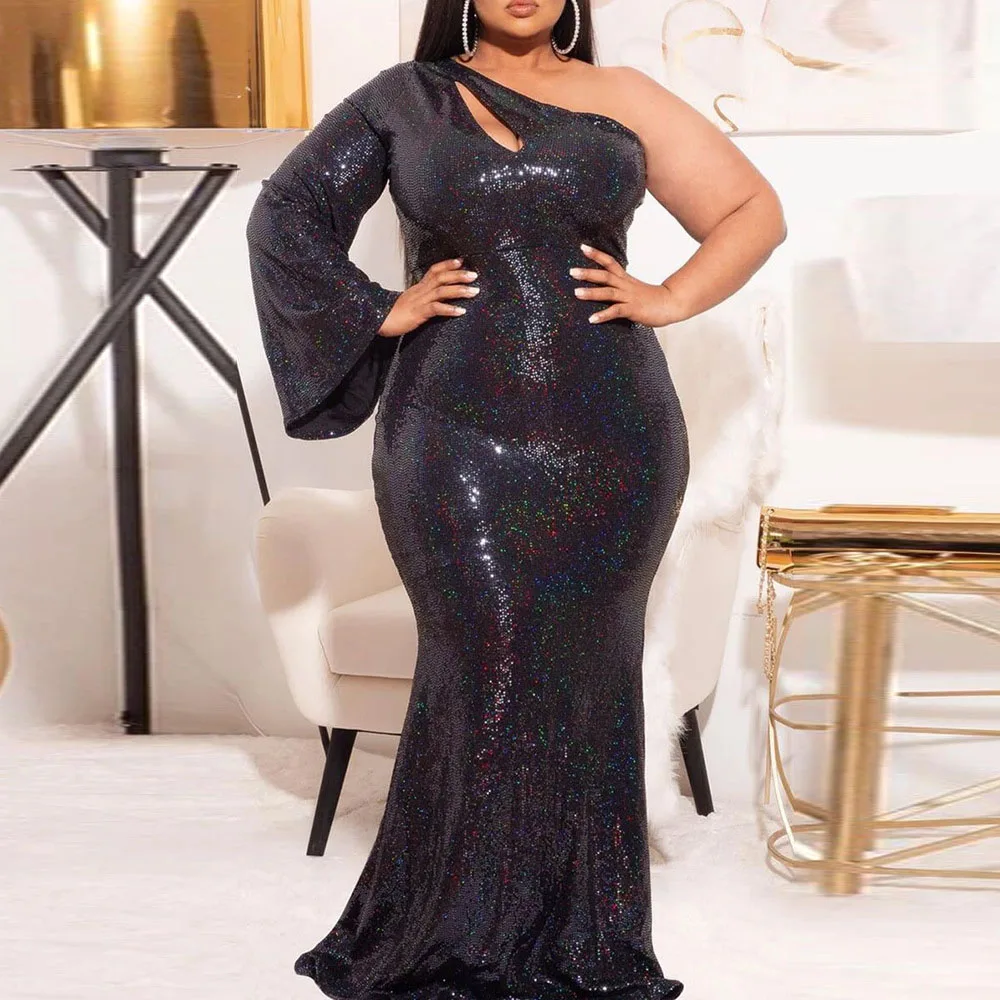 

2021 Autumn Winter One-shoulder Solid Color Slim Temperament Evening Dress Fishtail Dress Sexy Sequined High Waist Design