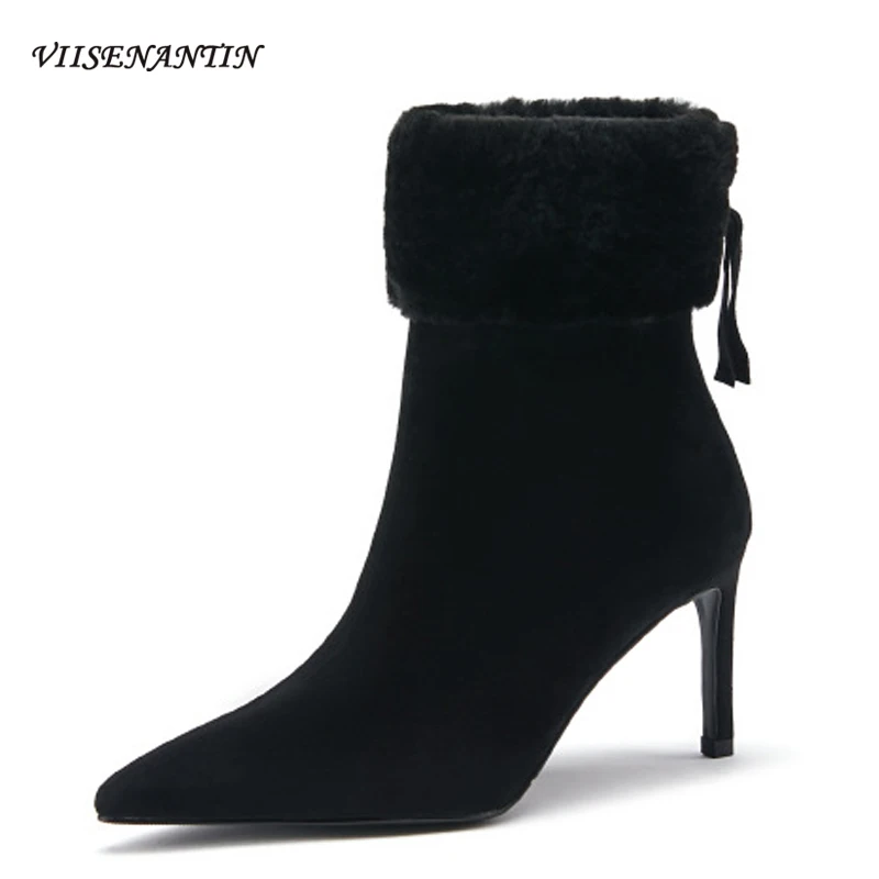 

Женские замшевые ботинки на высоком каблуке, с острым носком и молнией сзади