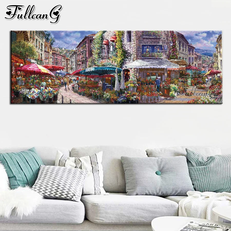 

FULLCANG Flower market 5d large diy diamond painting cross stitch abstract landscape full rhinestone embroidery kits FG0352