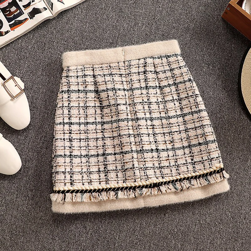 

Tweed Short Jacket Coat + High Waist Mini Pocket Skirt Autumn Winter Wool Suits Women 2 Piece Set Beading Big Bowknot