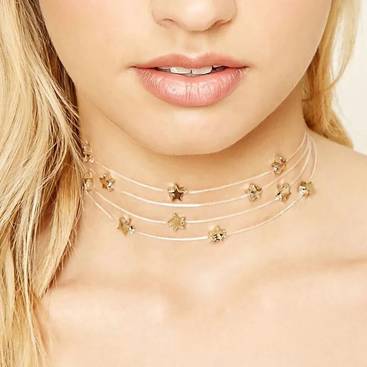 

New Fine Chic Transparent Fish Thread Multilayer Chokers For Women Fashion Gold Silver Color Stars Collars Necklaces Jewelry