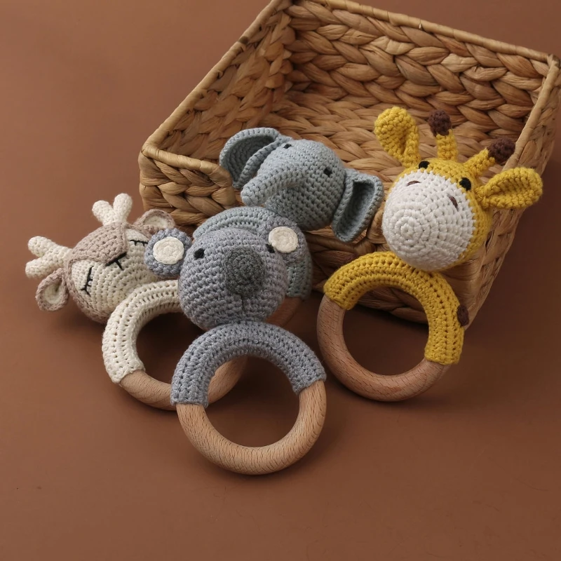 

Baby Teether Wooden Toys Mobile Pram Crib Ring Crochet Rattle Soother Teether
