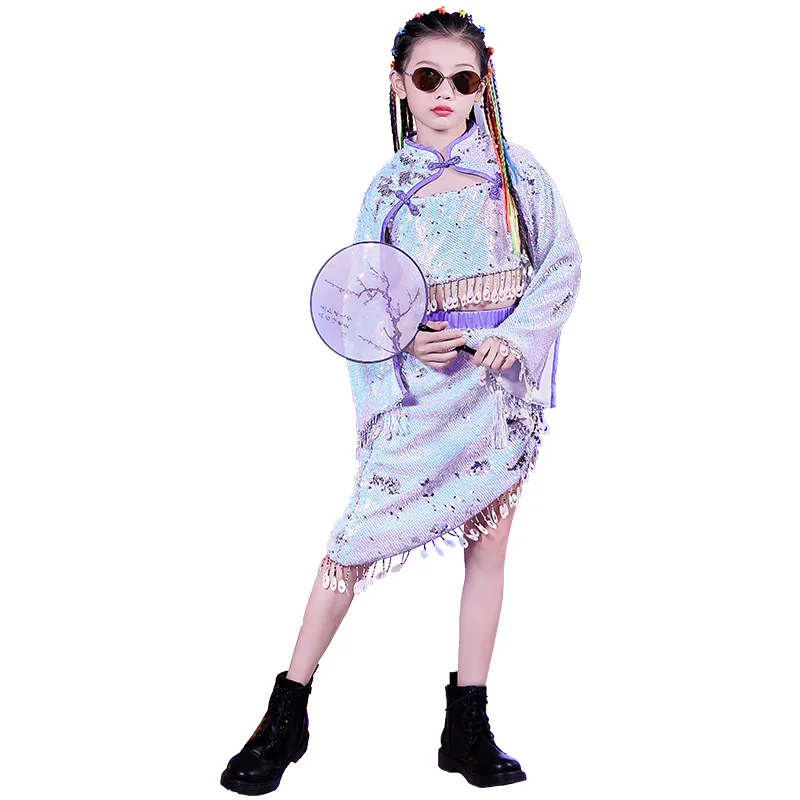 

New Hip Hop Dance Costumes For Kids Red Sliver Sequins Tassel Top Skirts Suit Rave Festival Jazz Performance Clothes DQS5709