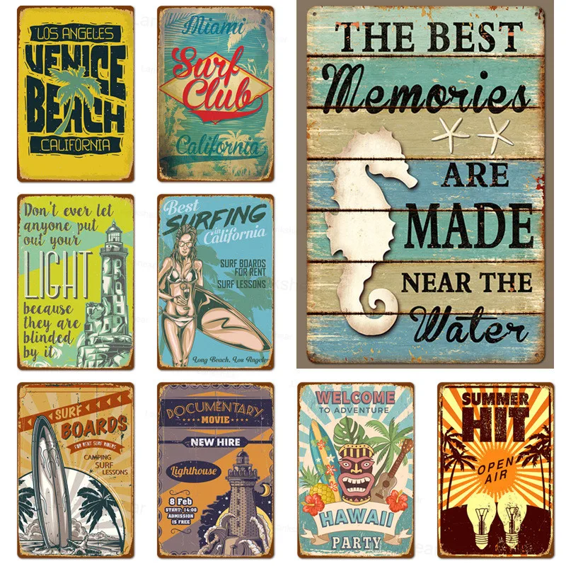 

Summer Beach Surf Series Plaques Metal Plate Poster Bar Cafe Restaurant Indoor Restaurant Retro Shabby Iron Paintings Tin Sign