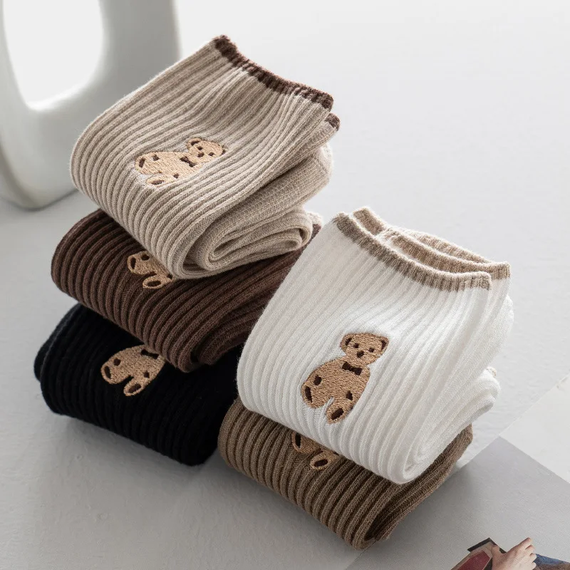 

Korean Cartoon Bear Embroidery Socks Women's Autumn and Winter Four Seasons Cotton Cute Socks Japanese Fashion Medium Tube Sox